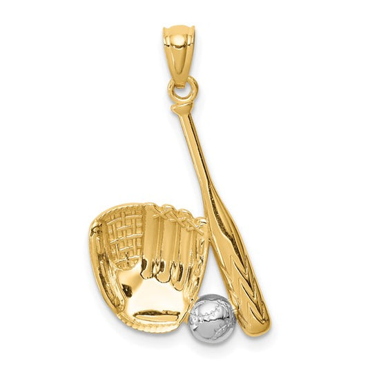14K White/Yellow Gold Two Tone Baseball Bat And Ball Pendant
