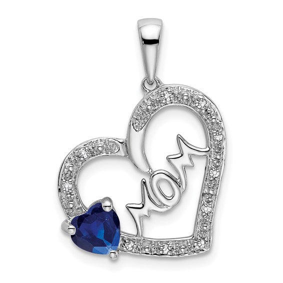 14K White Gold Double Hear Mothers Heart Natural Sapphire & Diamond Pendant