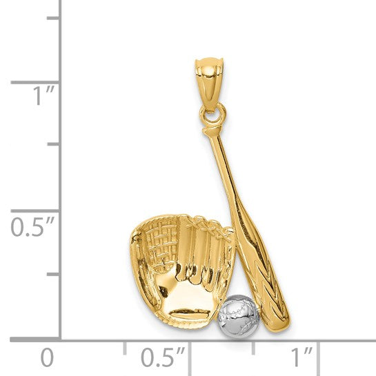 14K White/Yellow Gold Two Tone Baseball Bat And Ball Pendant