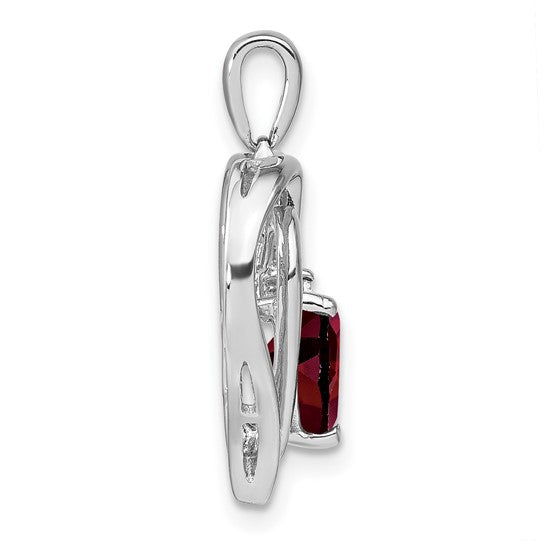 Sterling Silver Rhodium Plated 1.5 Carat Natural Garnet & Diamond Wave Heart Pendant