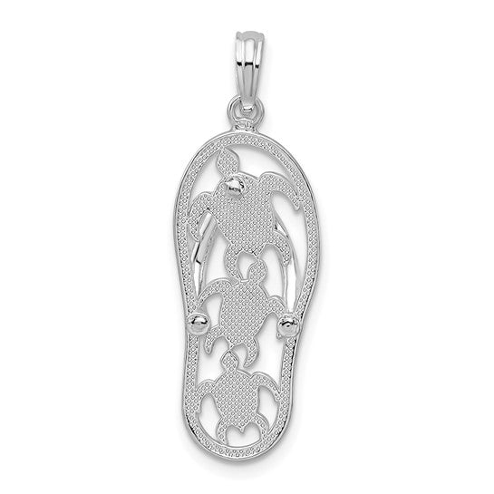 Sterling Silver Rhodium Plated 3D Flip Flop Turtle Pendant