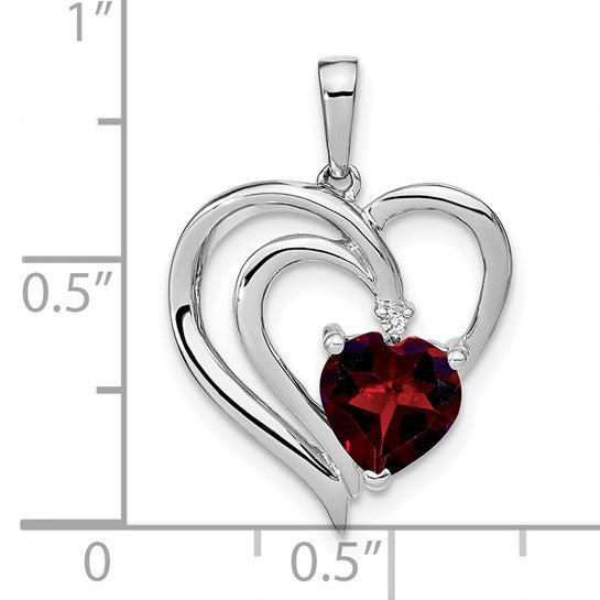Sterling Silver Rhodium Plated 1.5 Carat Natural Garnet & Diamond Wave Heart Pendant