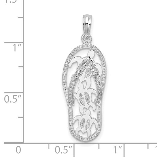 Sterling Silver Rhodium Plated 3D Flip Flop Turtle Pendant