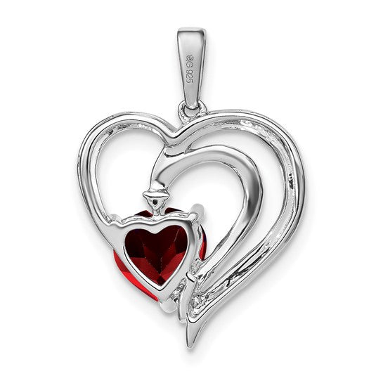 Sterling Silver Rhodium Plated 1.5 Carat Natural Garnet & Diamond Wave Heart Pendant