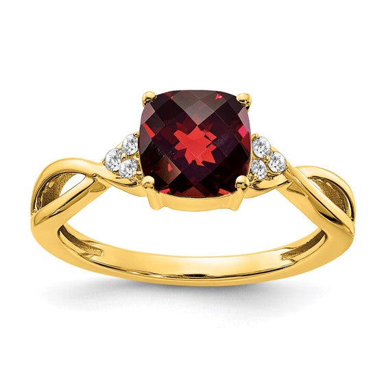 14K White/Yellow Gold Cushion Checkerboard Cut Natural Garnet & Diamond Ring