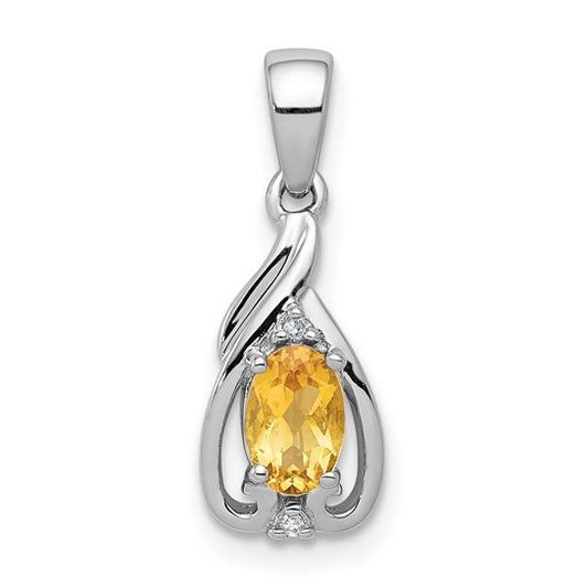 Sterling Silver White Gold Plated Tear Drop Natural Citrine & Diamond Pendant