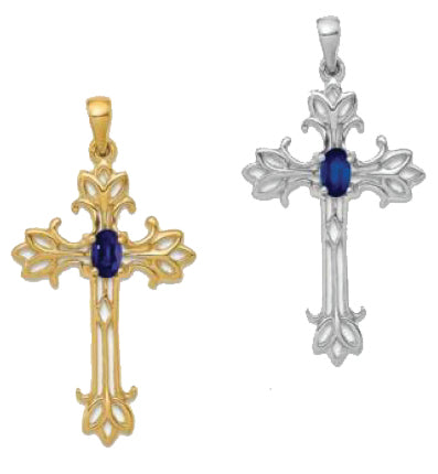 14K Yellow Gold White Gold Natural Sapphire Cross Pendant
