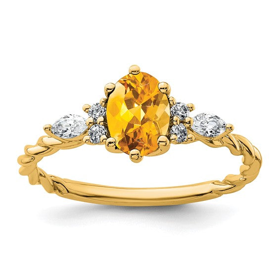 14K White/Yellow Gold Natural Citrine & Diamond Rope Band Ring