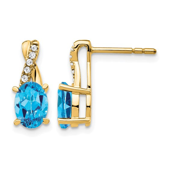 10K Yellow Gold Blue Topaz & Diamond Twist Post Earrings