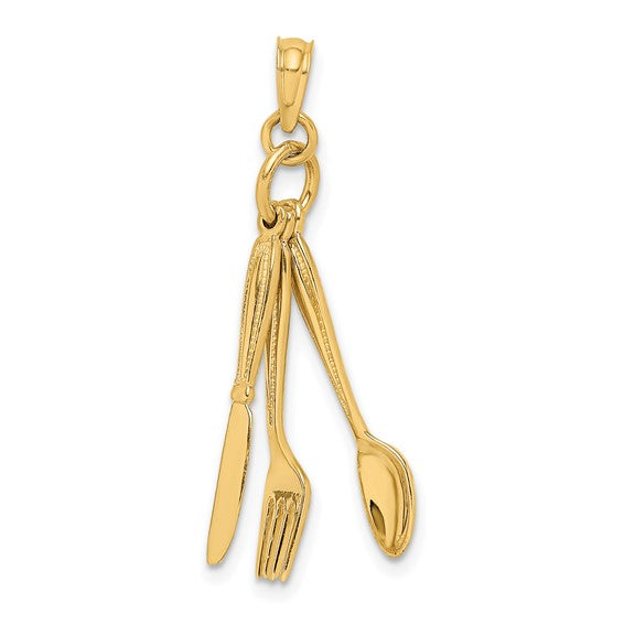10K Yellow Gold Server Waitress Spoon, Fork, Knife Pendant