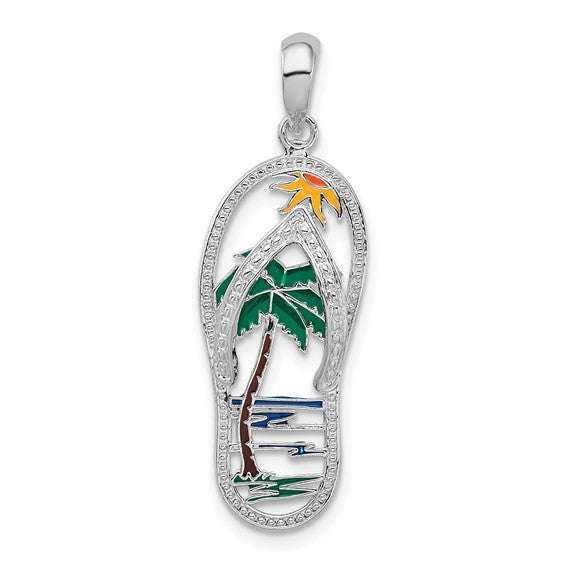 Sterling Silver Enameled Beach Scene Flip Flop Pendant
