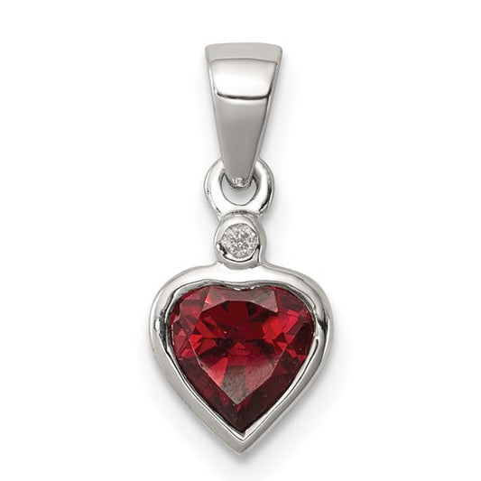 Sterling Silver Rhodium Plated Natural Garnet Heart Bezel Pendant