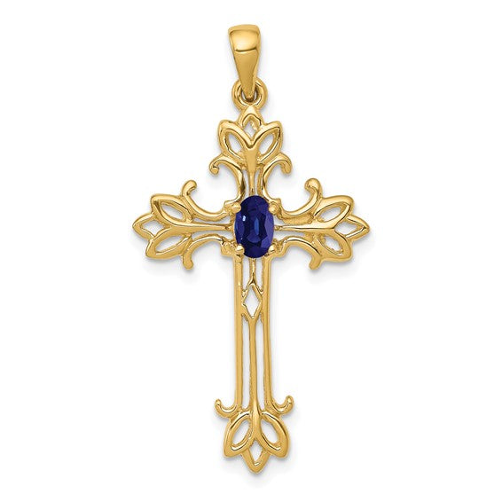 14K Yellow Gold White Gold Natural Sapphire Cross Pendant