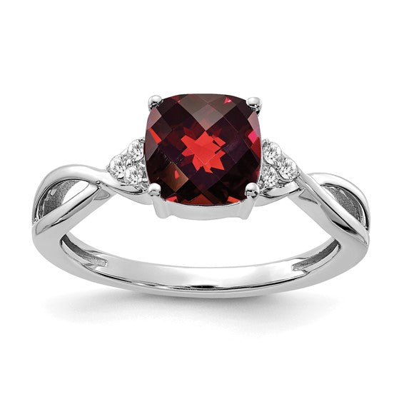 14K White/Yellow Gold Cushion Checkerboard Cut Natural Garnet & Diamond Ring