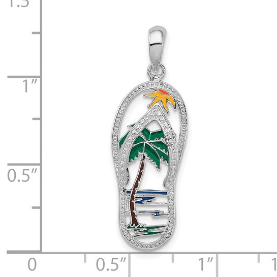 Sterling Silver Enameled Beach Scene Flip Flop Pendant