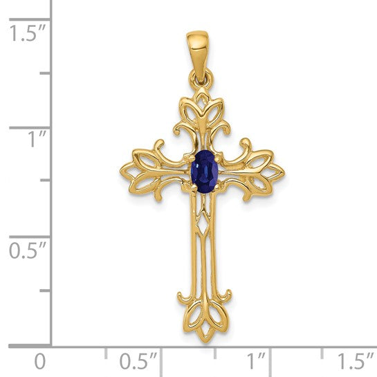 14K Yellow Gold White Gold Natural Sapphire Cross Pendant