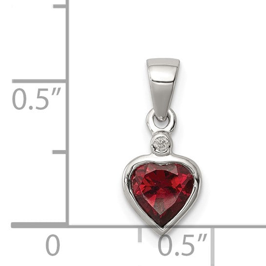 Sterling Silver Rhodium Plated Natural Garnet Heart Bezel Pendant