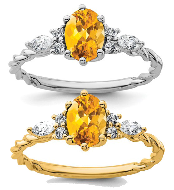 14K White/Yellow Gold Natural Citrine & Diamond Rope Band Ring