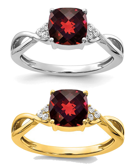 14K White/Yellow Gold Cushion Checkerboard Cut Natural Garnet & Diamond Ring