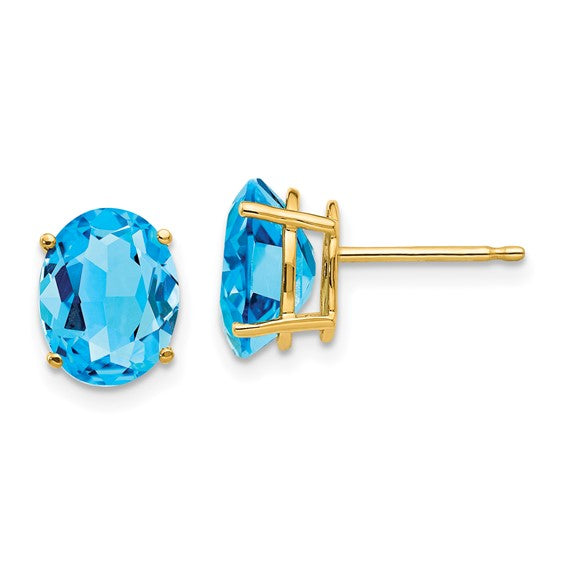 14K White/Yellow Gold 2 Carat Blue Topaz Stud Oval Earrings
