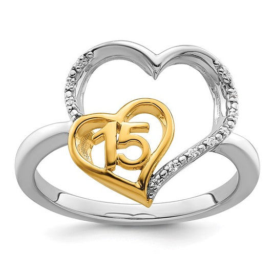 14K Yellow Gold Two Tone Diamond Accent Quinceanera Heart Ring