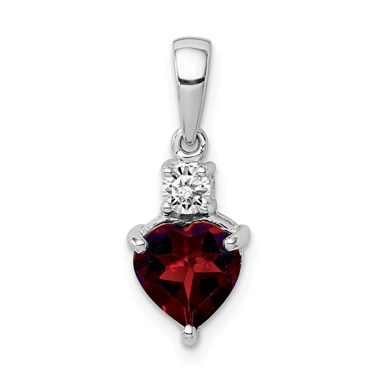 Sterling Silver Rhodium Plated Heart Shaped Natural Garnet & White Topaz Pendant