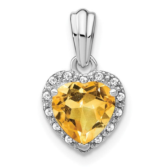 Sterling Silver White Gold Plated Natural 1.5 Carat Natural Citrine & Diamond Pendant