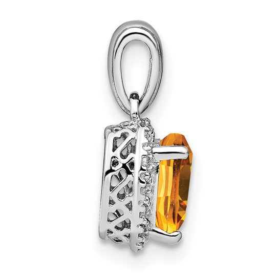 Sterling Silver White Gold Plated Natural 1.5 Carat Natural Citrine & Diamond Pendant