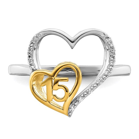 14K Yellow Gold Two Tone Diamond Accent Quinceanera Heart Ring
