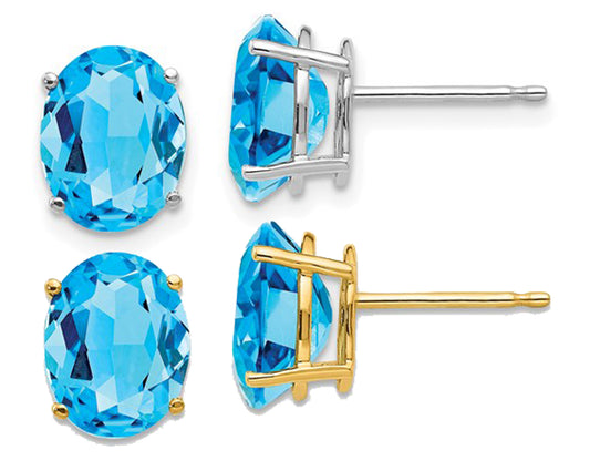 14K White/Yellow Gold 2 Carat Blue Topaz Stud Oval Earrings