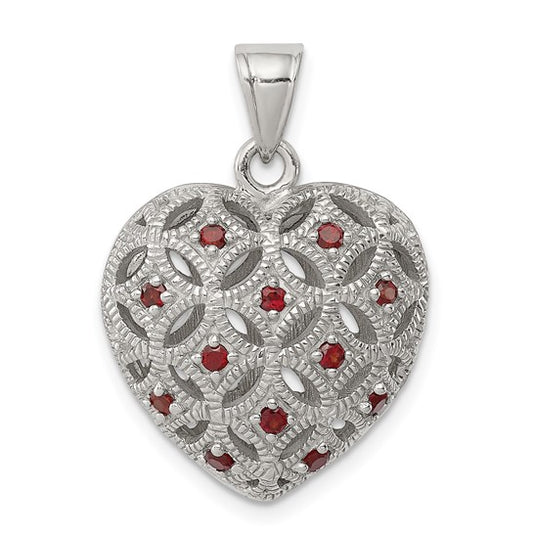 Sterling Silver Rhodium Plated 3D Lace Heart With Natural Garnet Pendant