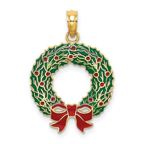 10K Gold Christmas Holiday Wreath Pendant