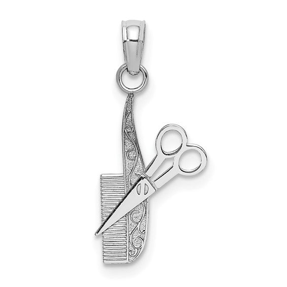 10K White Gold Comb Scissors Hair Dresser Pendant