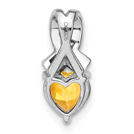 Sterling Silver White Gold Plated Natural Citrine 1 Carat & Natural Diamond Heart Pendant