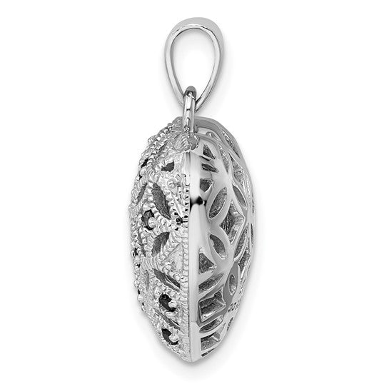 Sterling Silver Rhodium Plated 3D Lace Heart With Natural Garnet Pendant