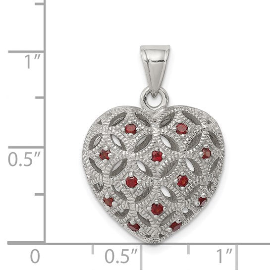 Sterling Silver Rhodium Plated 3D Lace Heart With Natural Garnet Pendant