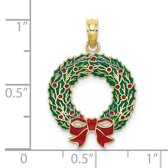 10K Gold Christmas Holiday Wreath Pendant