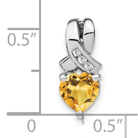 Sterling Silver White Gold Plated Natural Citrine 1 Carat & Natural Diamond Heart Pendant