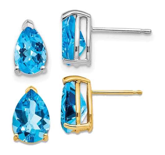 14K White/Yellow Gold 4 Carat Pear Cut Natural Blue Topaz Earrings