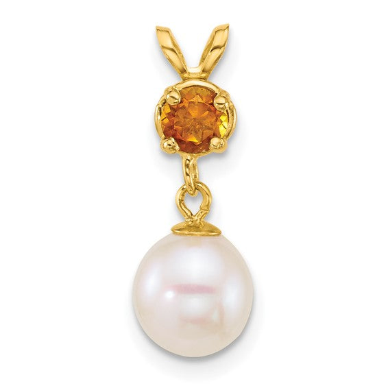 14K Yellow Gold 7-8mm Freshwater Cultured Peal Pendant With Natural Citrine Birthstone