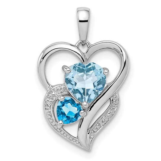 White Gold Filled Sterling Silver Double Heart Light/Dark Blue Topaz Pendant