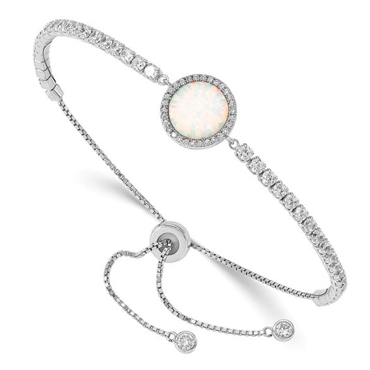 Sterling Silver White Gold Plated Lab Created Opal & CZ Adjustable Bracelet