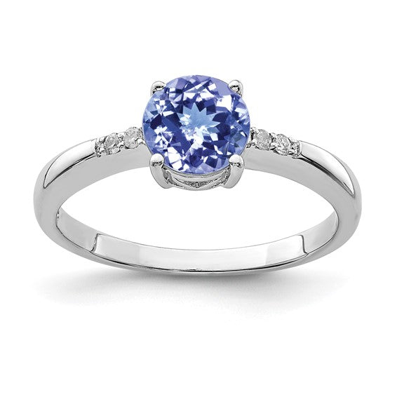 White Gold Filled Sterling Silver Natural Tanzanite & Diamond Round Cut Ring