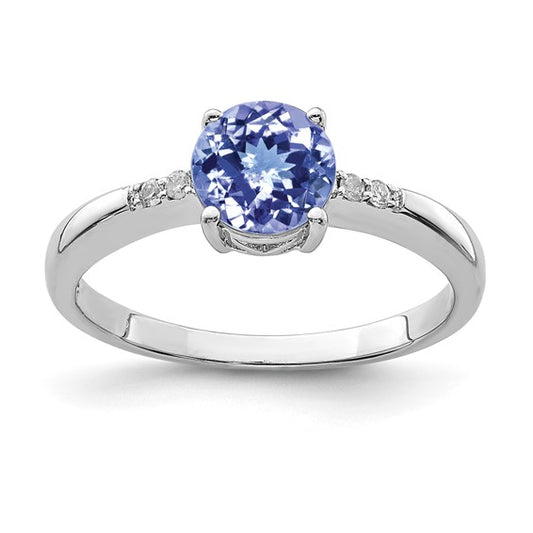 White Gold Filled Sterling Silver Natural Tanzanite & Diamond Round Cut Ring