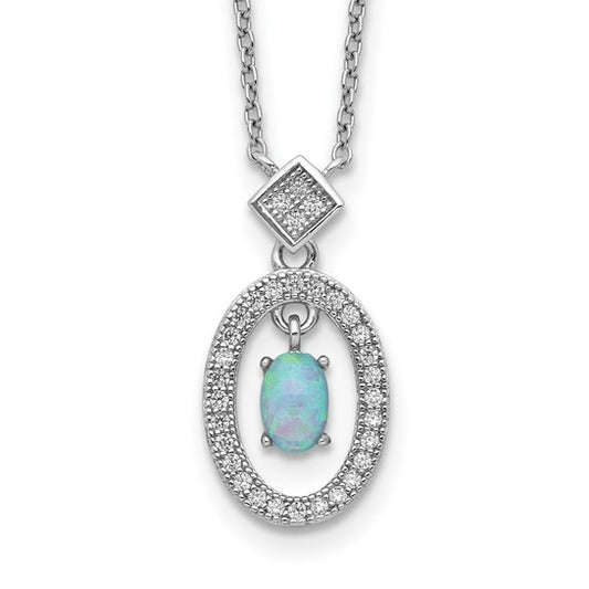 White Gold Over Sterling Silver Lab Created Opal & CZ Halo Chain & Pendant
