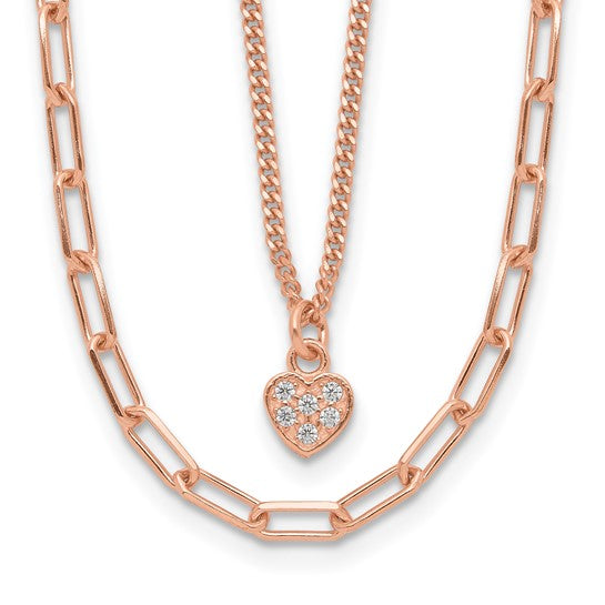 Rose Gold Filled Sterling Silver Double Paperclip Necklace Crystal Heart Set