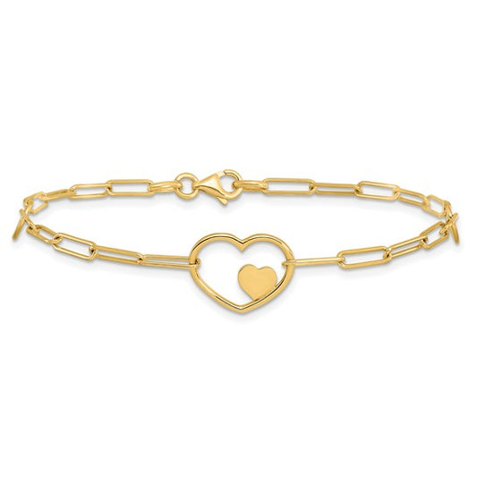 14K Yellow Gold Paperclip Double Heart Bracelet