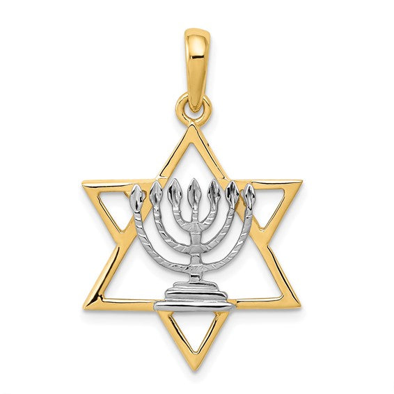 14K Gold Two Tone Hanukkah Menorah Star Of David Pendant