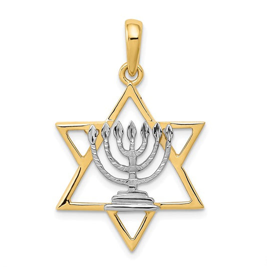 14K Gold Two Tone Hanukkah Menorah Star Of David Pendant