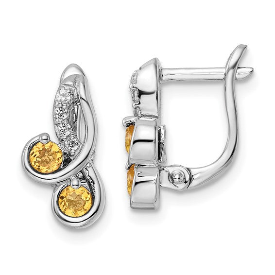 White Gold Plated Sterling Silver Natural Citrine &V White Topaz Hinged Earrings